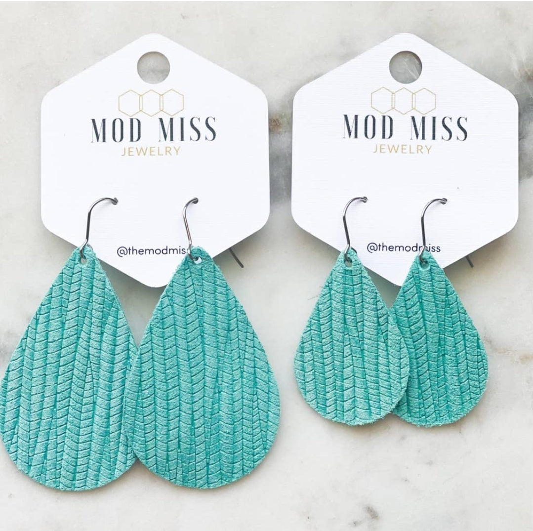 Teardrop Leather Earrings- Palm Aqua